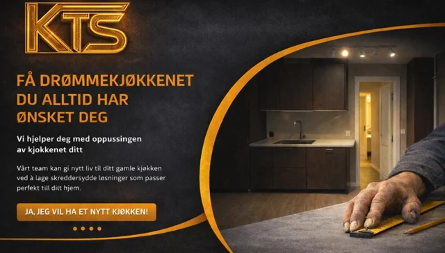 Moderne kjøkkenrenovering utført av KTS med mørke skapfronter, lys benkeplate og skreddersydd kjøkkenløsning i moderne stil.